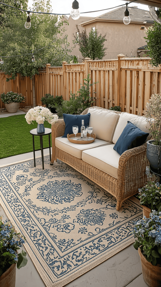 Cozy suburban patio with wicker sofa, blue cushions, floral rug, string lights, and lush plants.