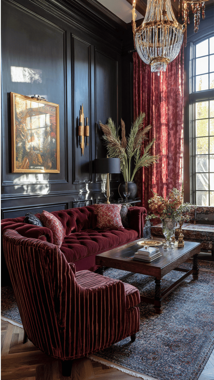 Elegant fall living room with burgundy velvet sofa, dark walls, gold chandelier, and autumn-inspired accents.