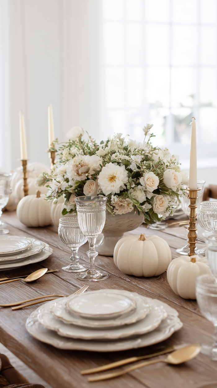 A refined Thanksgiving table with scalloped white dinnerware, gold flatware, glassware, ivory candles, and a white floral centerpiece surrounded by pale pumpkins.