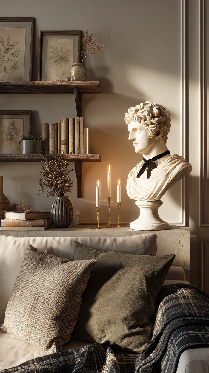 Soft academia living room with classical bust statue wearing a black ribbon bow, botanical art prints, stacked vintage books, brass candlesticks, and neutral textiles in soft afternoon light.