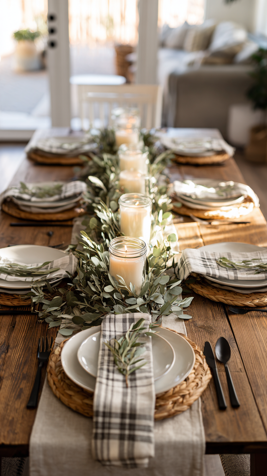 Warm modern farmhouse Thanksgiving tablescape with a rustic wooden dining table, layered with a cream linen runner, eucalyptus garland centerpiece, glowing mason jar candles, plaid napkins, white dinnerware, woven placemats, and matte black flatware