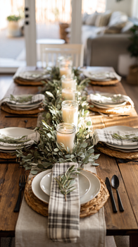 Warm modern farmhouse Thanksgiving tablescape with a rustic wooden dining table, layered with a cream linen runner, eucalyptus garland centerpiece, glowing mason jar candles, plaid napkins, white dinnerware, woven placemats, and matte black flatware