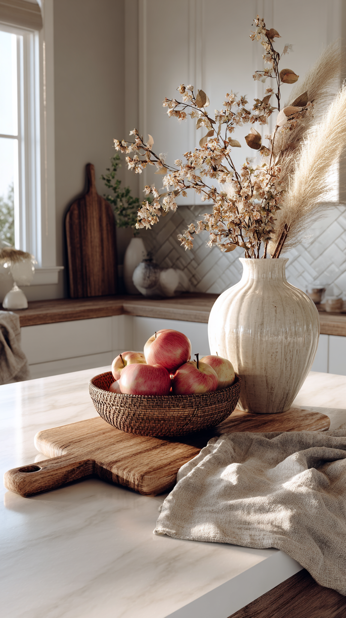 Neutral fall kitchen counter styled with beige linen towels, rattan basket of apples, rustic wooden cutting board, and ceramic vase with pampas grass and dried florals.