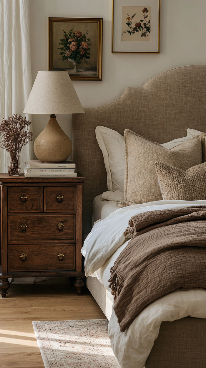 Warm traditional bedroom with beige upholstered headboard, dark wood nightstand, gold framed artwork, layered pillows, and soft neutral bedding in natural light.