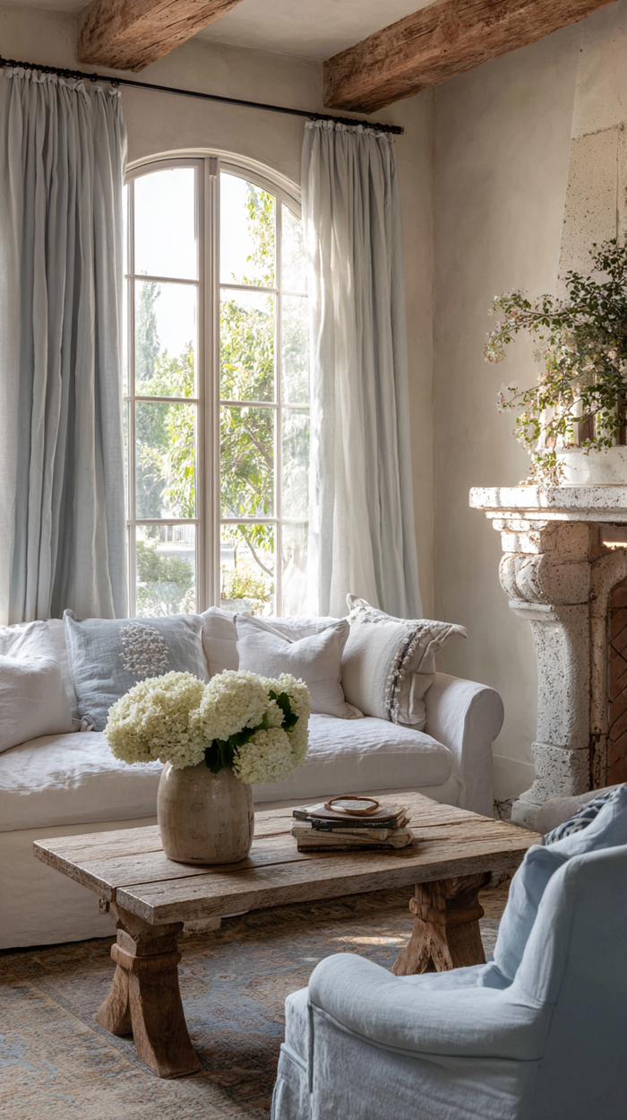French country living room with white slipcovered sofa, light blue linen armchairs, distressed wood coffee table, vintage area rug, and stone fireplace with rustic mantel, styled with fresh hydrangeas and soft natural light.”