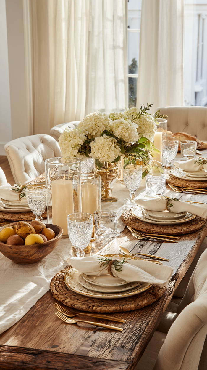Nancy Meyers–inspired Thanksgiving tablescape with neutral tones, white hydrangeas, gold vase, woven placemats, crystal glassware, and candlelight on a rustic wood table.