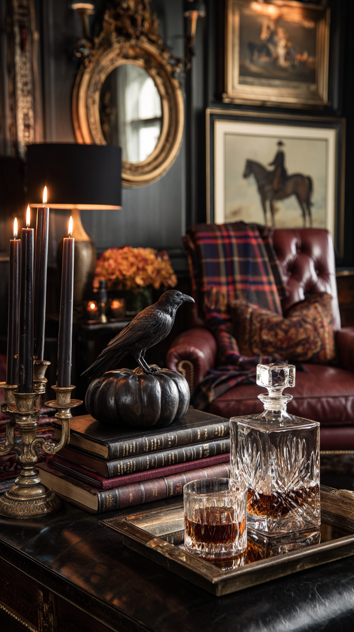 A Ralph Lauren–inspired living room styled for Halloween with a tartan throw, raven art, crystal decanter set, velvet pumpkin, and moody candlelight.