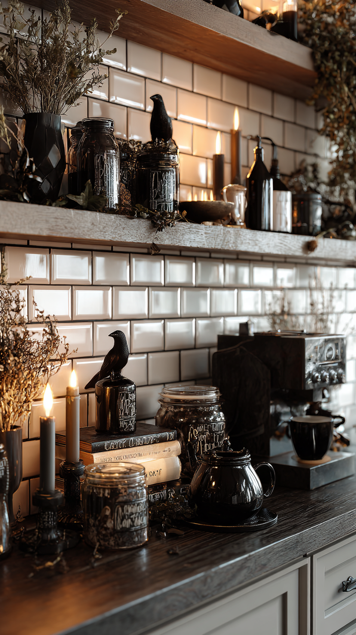 Modern kitchen coffee bar decorated for Halloween with black apothecary jars, crow figurines, black candles, faux spellbooks, and a cauldron mug for a witchy brew station.