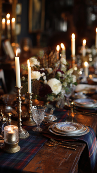 Ralph Lauren–inspired Thanksgiving tablescape featuring brass candlesticks, crystal glassware, plaid linens, and vintage dinnerware on a dark wood table with warm candlelight and pheasant feather centerpiece.