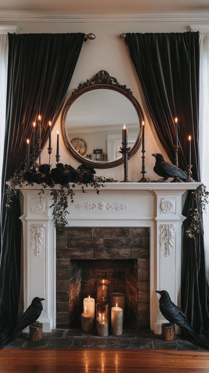Mantel styled with black velvet curtains, antique candle holders, faux ravens, black roses, and ivy for dramatic gothic decor.