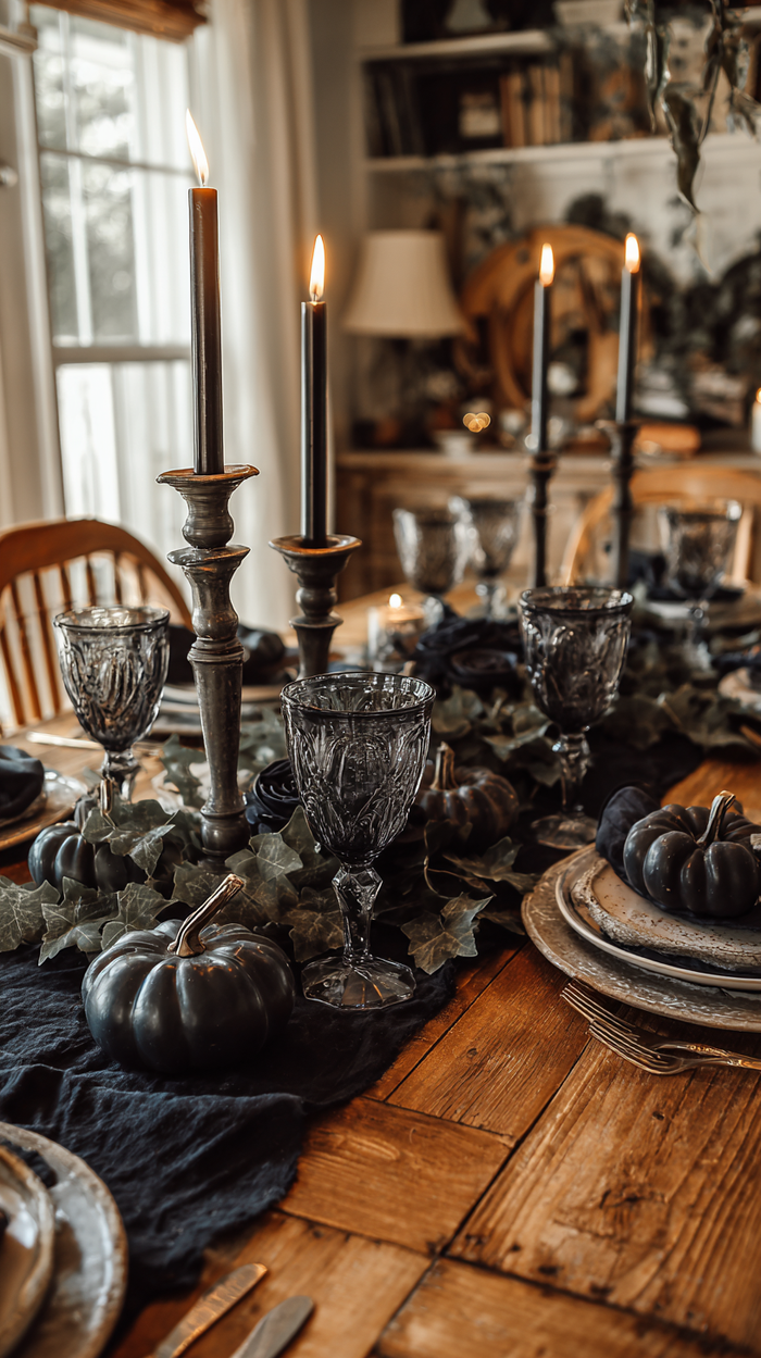 A Halloween dining table with black pumpkins, smoky glass goblets, ivy garland, and taper candles creating a dark and enchanting tablescape