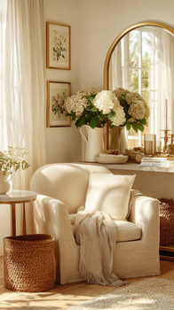 Bring timeless Nancy Meyers charm into your home with this cozy living room look. Layer linen textures, gold accents, and fresh florals for an effortlessly elegant, sunlit space inspired by your favorite films.