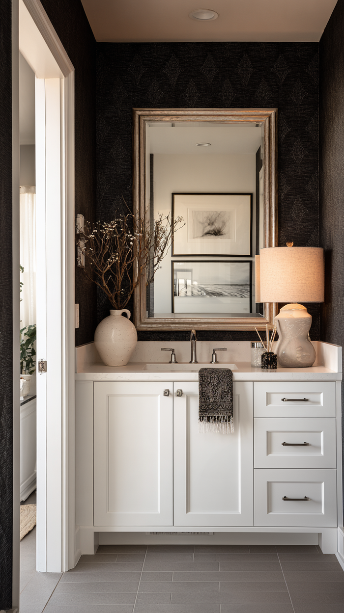 Elegant powder room with dark walls, chrome fixtures, large mirror, white vanity, and decorative accents.