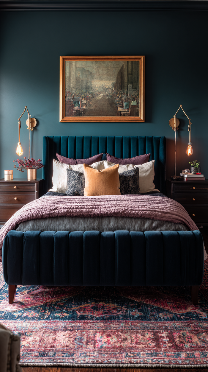 Velvet bed with jewel-toned pillows, gold accents, and artwork in a stylish, deep-toned bedroom.