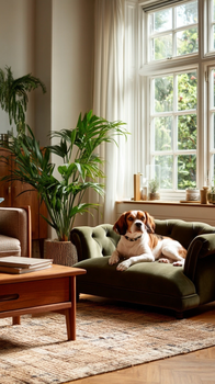 Dog lounging on a green velvet pet sofa in a cozy, plant-filled living room with large windows.