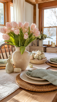Easter tablescape with tulips, ceramic bunny, pastel eggs, and woven placemats on a sunny dining table.