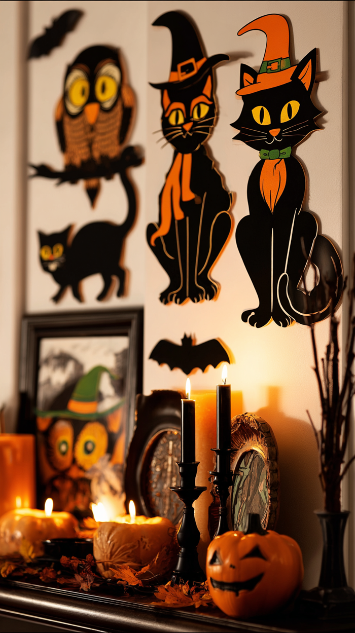 Modern living room styled with vintage Halloween decor, featuring retro cutouts of black cats and owls, black taper candles, and warm orange accents.
