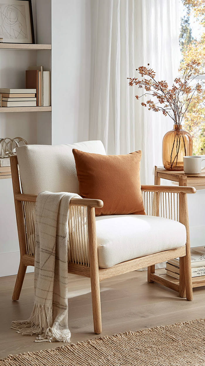 Modern fall reading nook with light wood chair featuring rope arm details, burnt orange pillow, beige throw blanket, amber glass vase with fall branches, and natural wood side table beside a sunlit window.