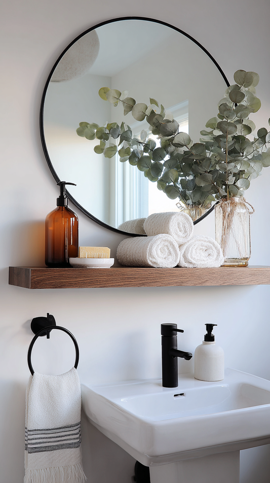 Round mirror above wooden shelf reflecting plant and spa-style powder room decor.