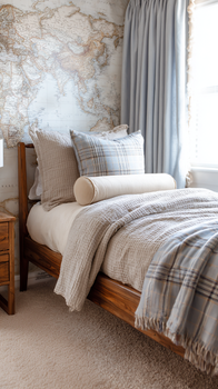 Boy's bedroom with explorer-themed decor and blackout curtains