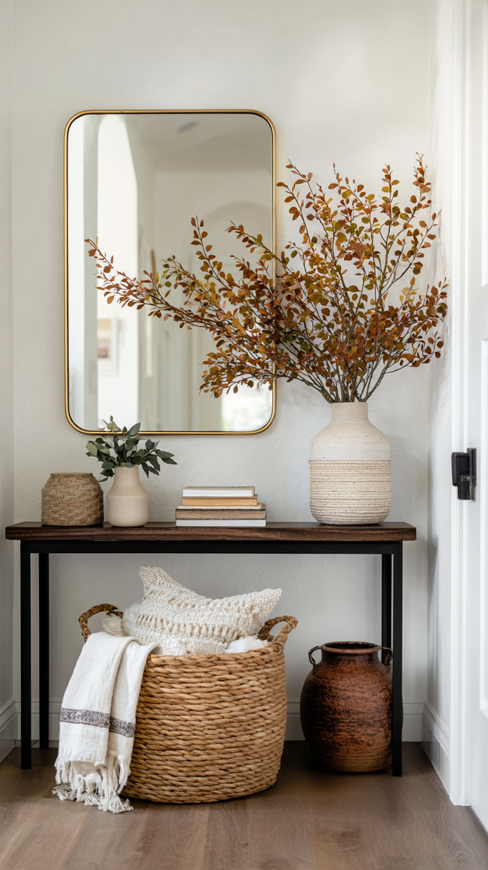Fall entryway decor with dark wood console, golden framed mirror, woven baskets, and subtle autumn greenery.