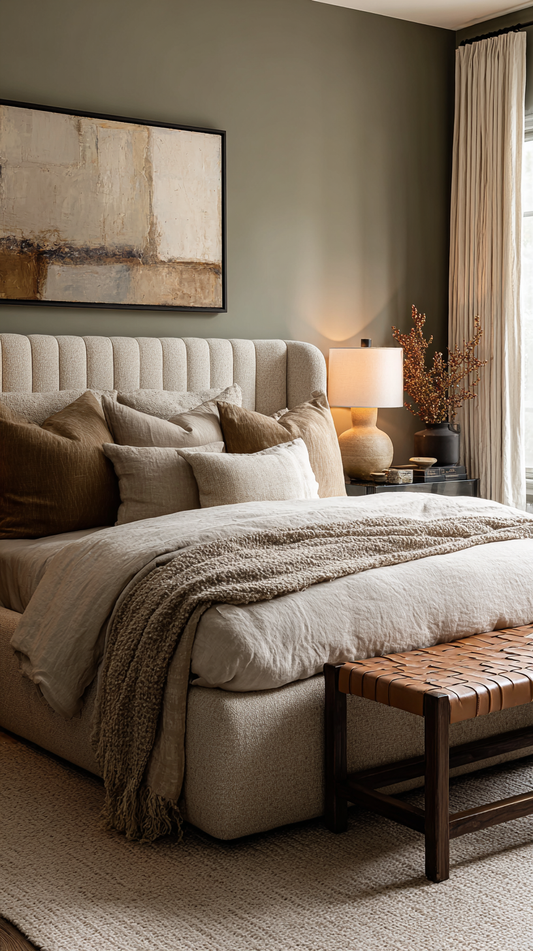 Cozy bedroom with earthy tones, textured bedding, woven bench, warm lighting, and abstract wall art.