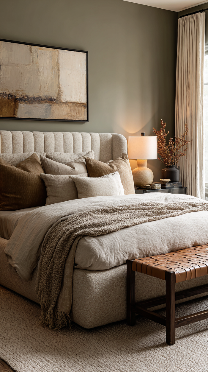 Cozy bedroom with earthy tones, textured bedding, woven bench, warm lighting, and abstract wall art.