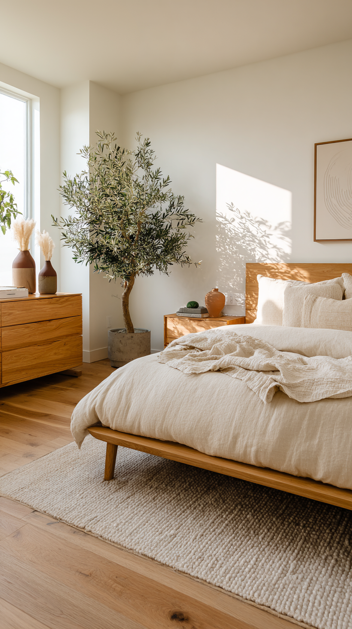 Japandi bedroom with neutral tones, wooden furniture, a large plant, and soft natural lighting.