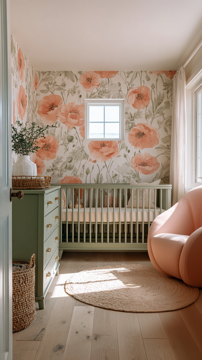 Poppy and sage-themed nursery with floral wallpaper, green dresser, crib, pink chair, and woven rug.