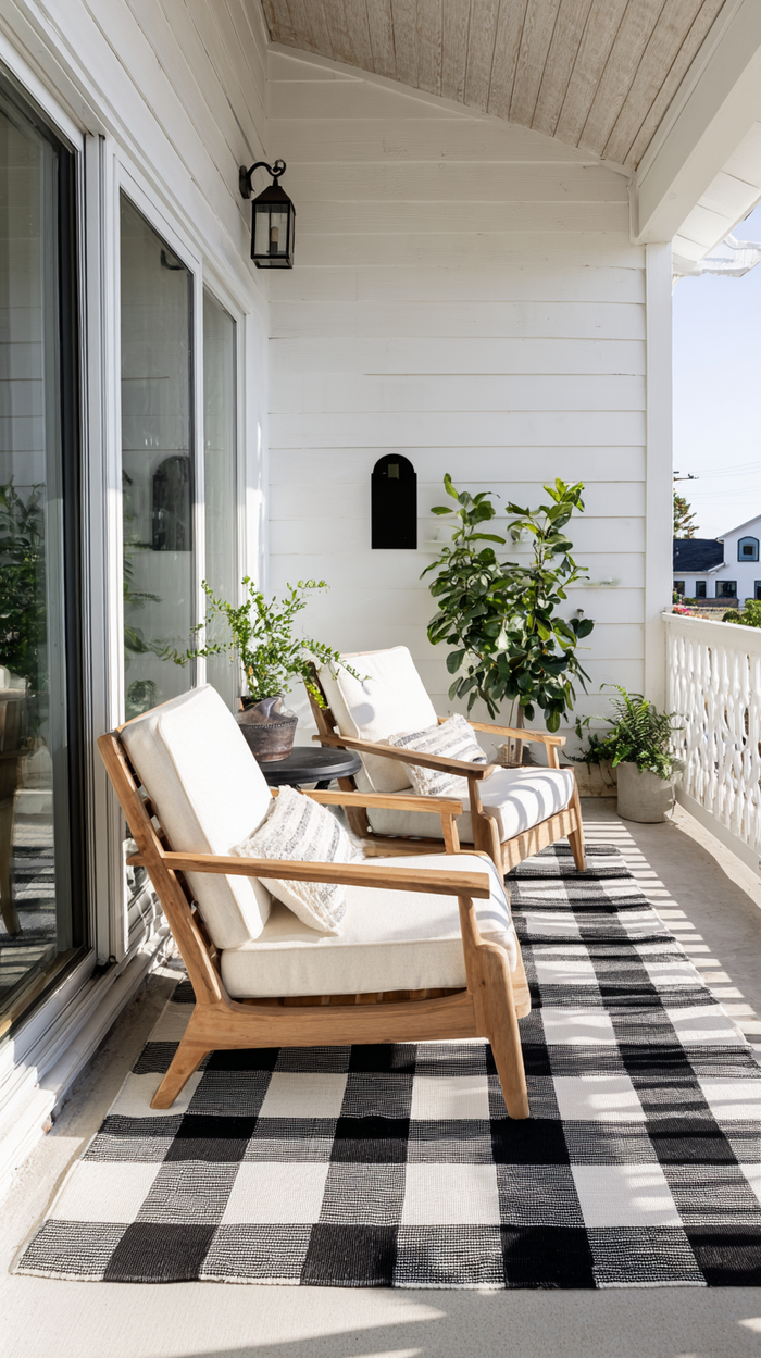 Patio with wooden chairs, black and white rug, potted plants, and a white wall for a high contrast decor.