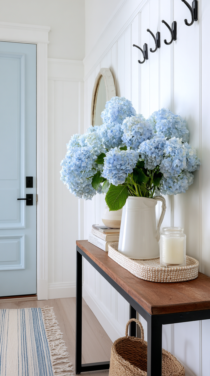 Light blue hydrangeas in a white pitcher on a wooden table, next to a pale blue door in a spring-themed entryway.