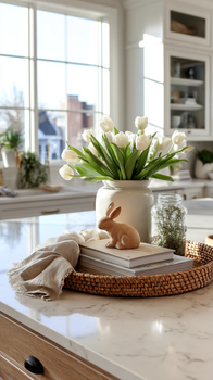 Spring kitchen decor with white tulips in a vase, a small bunny figurine, books, and a woven tray on a marble island.
