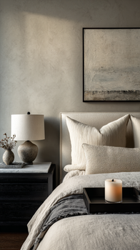 Modern bedroom with neutral tones, textured pillows, a stylish lamp, art piece, and a candle on a wooden tray.