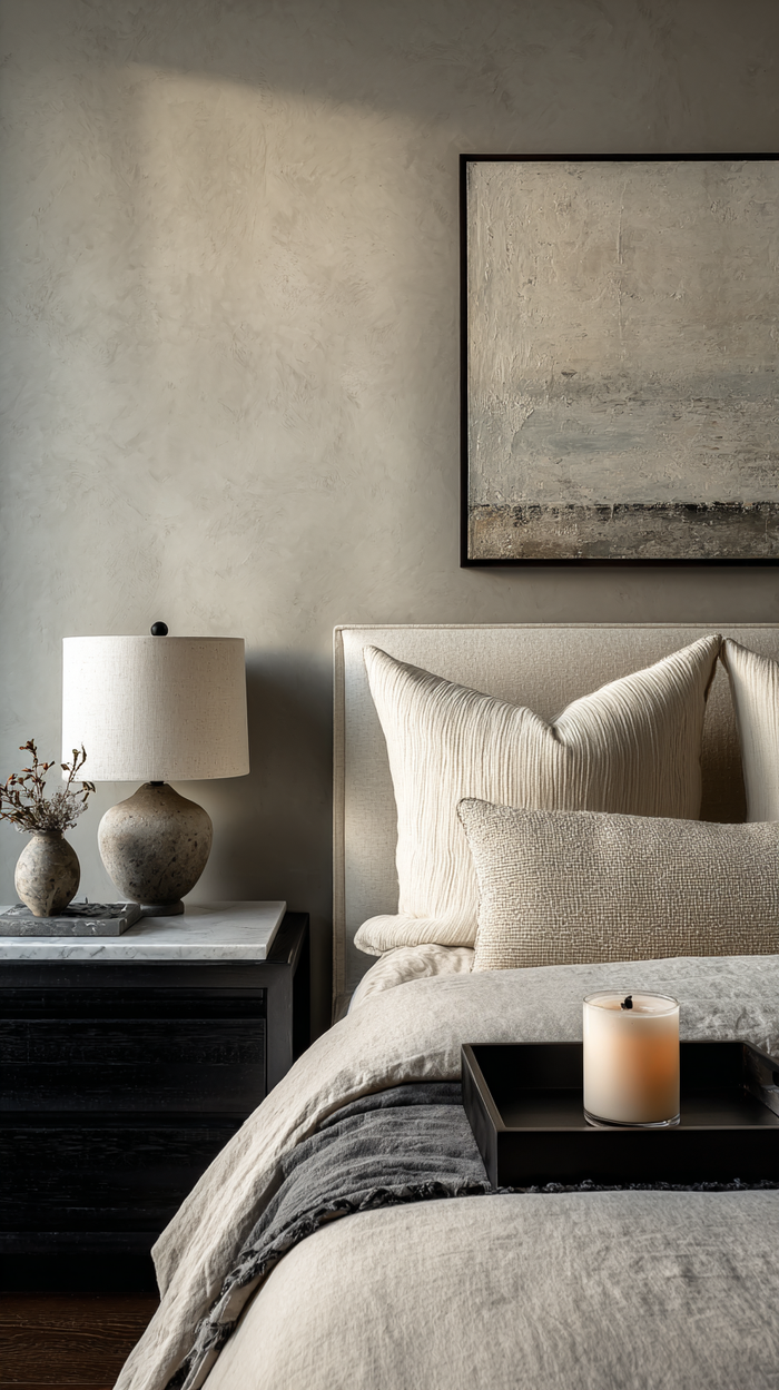 Modern bedroom with neutral tones, textured pillows, a stylish lamp, art piece, and a candle on a wooden tray.