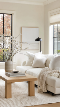 Minimalist Scandinavian living room with beige sofa, wooden table, and neutral decor.