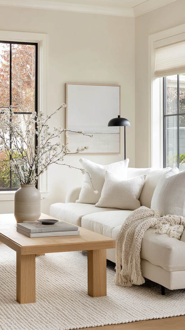 Minimalist Scandinavian living room with beige sofa, wooden table, and neutral decor.