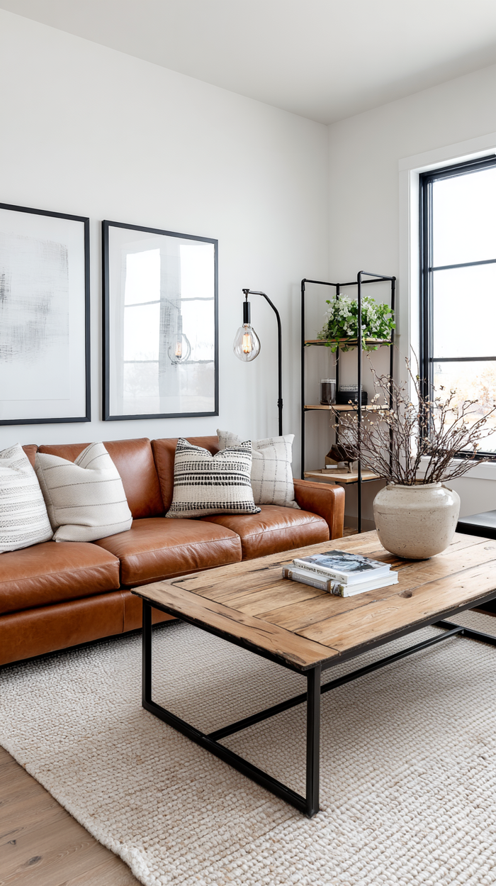 Industrial living room with leather sofa, wood table, modern lamp, and plants. Cozy and stylish decor.