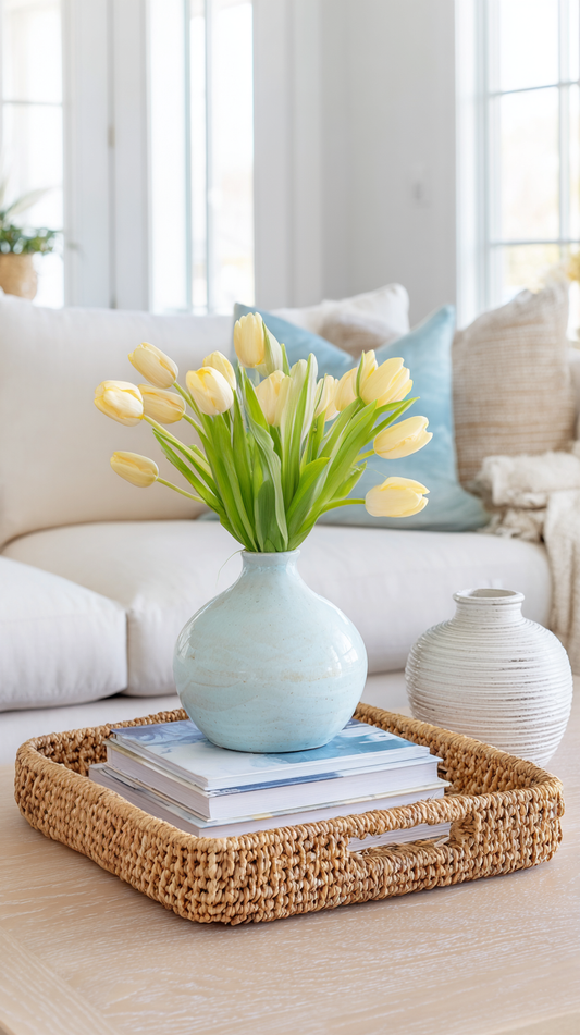 Coastal coffee table with woven tray, blue vase with yellow tulips, books, and cozy cushions in a bright living room.