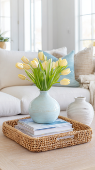 Coastal coffee table with woven tray, blue vase with yellow tulips, books, and cozy cushions in a bright living room.