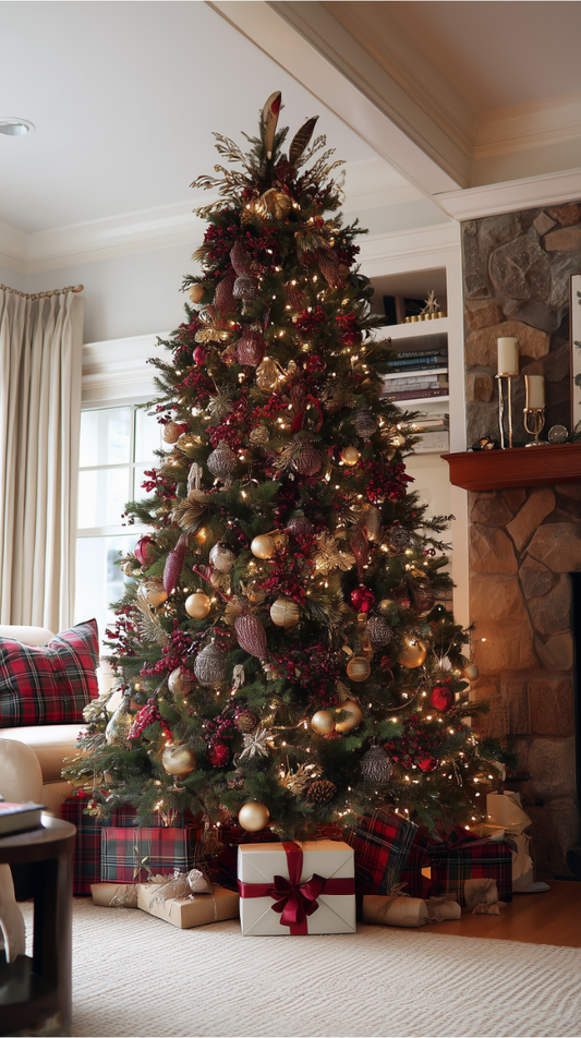 A tall traditional Christmas tree decorated with burgundy berries, gold ornaments, mercury glass baubles, and pheasant feather picks in a cozy living room with tartan textiles and warm lighting.