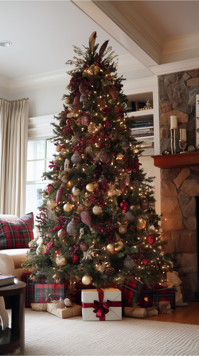 A tall traditional Christmas tree decorated with burgundy berries, gold ornaments, mercury glass baubles, and pheasant feather picks in a cozy living room with tartan textiles and warm lighting.